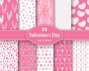 Ten seamless love patterns. Romantic backgrounds for Valentines or wedding day. Endless texture for wallpaper, web page, wrapping paper. Scrapbooking, print, gift wrap