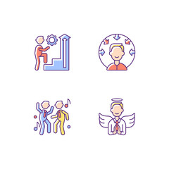 Business vision RGB color icons set. Employee persistence. Customer centricity. Office fun event with coworker. Business humility. Core corporate culture. Isolated vector illustrations
