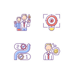 Company mission RGB color icons set. Innovation, project development. Flexibility, business transparency. Service integrity. Core corporate culture. Positive attitude. Isolated vector illustrations