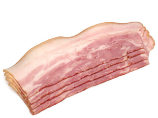 Boiled-smoked pork brisket cut into slices on white background. Bacon.