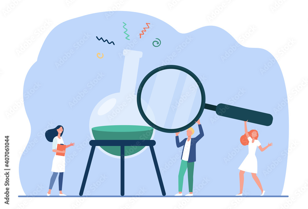 Wall mural tiny scientist examining solution in flask. magnifier, glass, lab flat vector illustration. medical 