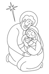 Merry Christmas. Holy Family Virgin Mary and Joseph. The birth of the baby Savior Jesus Christ. Holy night and the star of Bethlehem. Vector. Line, outline. Religious, family holiday concept