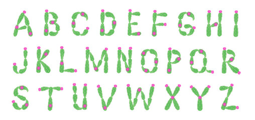 Cute cactus font and alphabet. All letters from a to z included, they are isolated on white background. Can be used to print children poster, flower shop logo any quote or phrase. Digital illustration