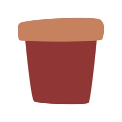 Brown clay or ceramic pot for houseplant isolated on white. Cartoon doodle style. Abstract empty gardening container for home decoration. Graphic element. Agriculture and horticulture. Vase for flower