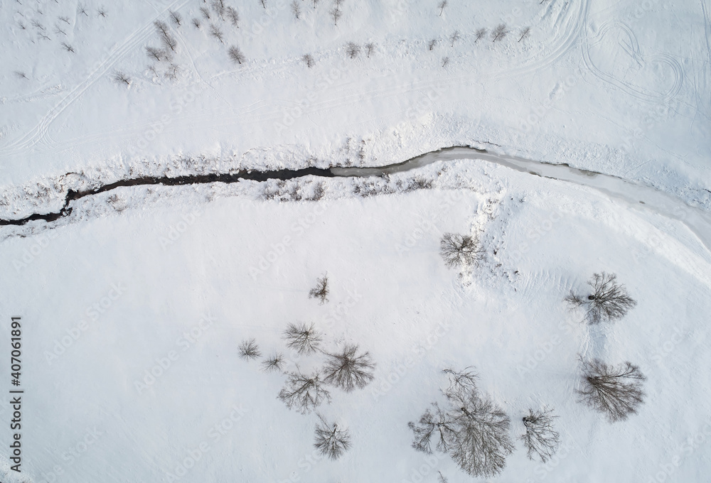 Wall mural river in snow landscape background