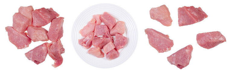 Fresh raw pieces meat on white background isolation, top view