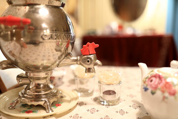 Russian samovar on table