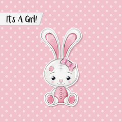 It's A Girll! Greeting card for girls and parents  with cute Pink Bunny Toy  Rabbit