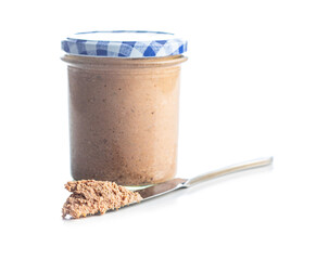 Liver pate in jar isolated on white background.