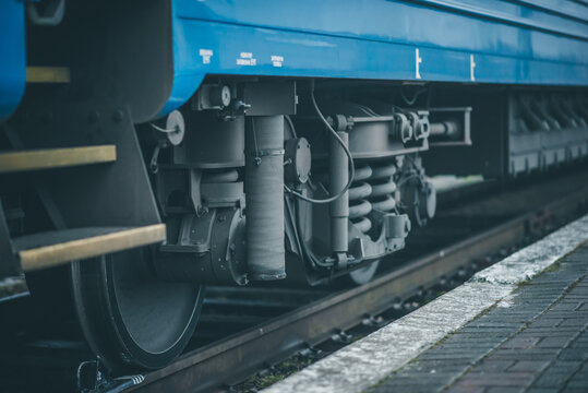 Truskavets, Ukraine - December 2020: Electric locomotive VL10 with a freight train awaiting departure on the platform of the railway station.  Ukrzaliznytsia. Ukrainian railways.