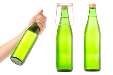 Set glass bottle with soda lemonade on white background isolation