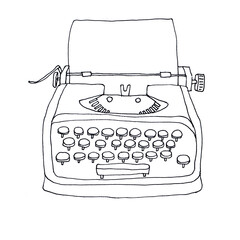 Retro typewriter with leaves decor. Sketch hand drawn illustration vintage style. Trendy pastel colors. © iri.art