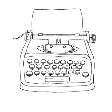 Retro typewriter with leaves decor. Sketch hand drawn illustration vintage style. Trendy pastel colors.