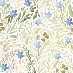 Blue flowers and green leaves seamless pattern isolated on white background. Small floral elements pattern. Botanical illustration.