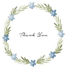 Floral wreath with blue flowers and green leaves. Thank you greeting card. Botanical illustration.