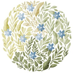 Floral circle with blue flowers and green leaves. Spring and Summer greeting card. Cute flowers in round shape. Botanical illustration.
