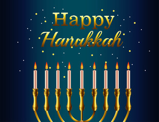 happy hanukkah celebration lettering with golden chandelier