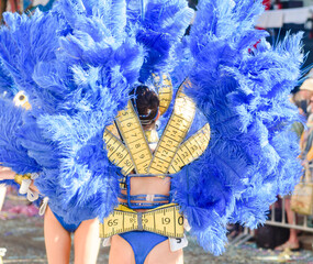 Dancers wearing colorful feathers costumes gathered for a parade. Back view blurry defocused unrecognisable crowd image great for graphic background.
