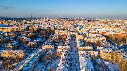 Fototapeta premium Aerial sunset view of Helsinki in winter time, Finland