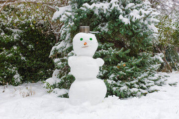 Cute snowman outdoor in the park or backyard on a snowy winter day