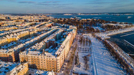 Aerial sunset view of Helsinki in winter time, Finland