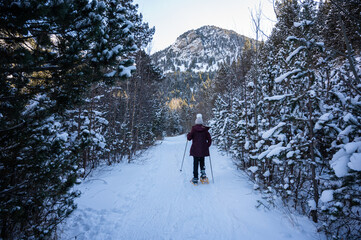 Mujer andando por la nieve, con raquetas.