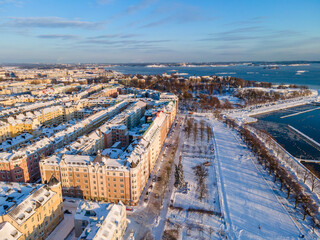 Aerial sunset view of Helsinki in winter time, Finland