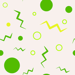 Abstract geometric seamless pattern with circles and zig zag lines in lime colors. Print for textile and fabricks. Light bakground for site 