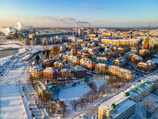 Fototapeta na wymiar Aerial sunset view of Helsinki in winter time, Finland