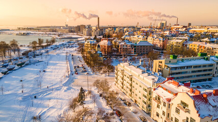 Aerial view of Helsinki in winter . Colorful sky and colorful buildings. Helsinki, Finland.	