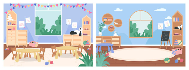 Primary school classroom with no people flat color vector illustration set. Playroom with desks, chairs for children. Kindergarten 2D cartoon interior with furniture and toys on background collection