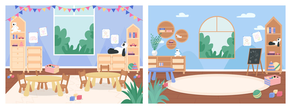 Primary School Classroom With No People Flat Color Vector Illustration Set. Playroom With Desks, Chairs For Children. Kindergarten 2D Cartoon Interior With Furniture And Toys On Background Collection