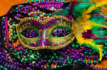 Colorful Mardi Gras mask, beads and feather