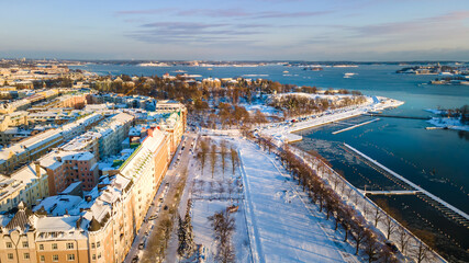 Fototapeta premium Aerial sunset view of Helsinki in winter time, Finland