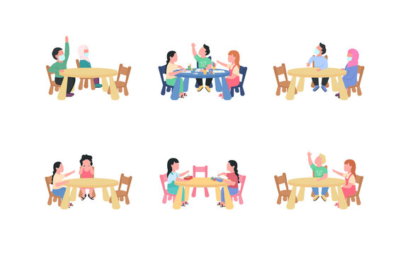 Kindergarten children sitting at table flat color vector faceless characters set. Elementary grade lesson. Preschool class isolated cartoon illustration for web graphic design and animation collection