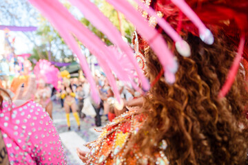 Dancers wearing colorful feathers costumes gathered for a parade. Back view blurry defocused...
