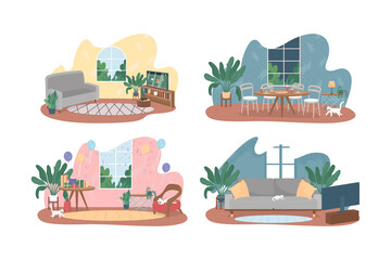 Modern home interior with no people 2D vector web banner, poster set. Contemporary living room flat scene on cartoon background. Apartment printable patch, colorful web element collection