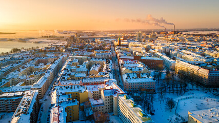 Aerial sunset view of Helsinki in winter time, Finland