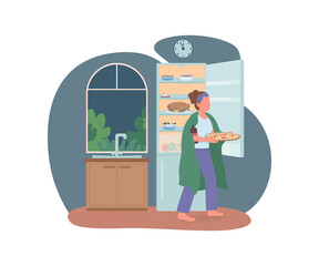 Late night eating 2D vector web banner, poster. Nighttime meal. Woman with fast food in kitchen flat character on cartoon background. Unhealthy eating habits printable patch, colorful web element