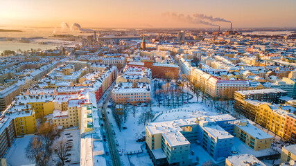 Aerial view of Helsinki city. in winter, Sky and colorful buildings.