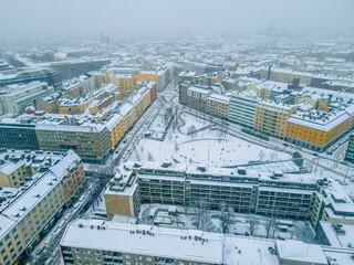 Aerial view of Helsinki city. in winter, Sky and colorful buildings.