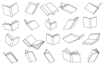 Set of vector icons. Opened book in outline style. Isolated on white. Book with pages from different angles.