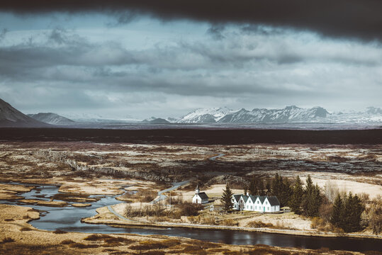 Church and landscape in the Icelandic mountains.