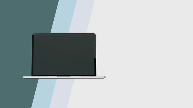 Modern laptop mock up 3d render with separate alpha channels body and display. Horizontal animation of the appearance of the laptop in the frame.