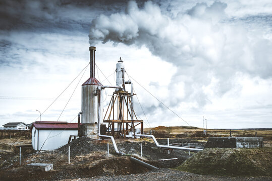 
Beautiful landscape in Iceland in a moody atmosphere with ecological gas pipes. Icelandic geothermal ecology and landscape
