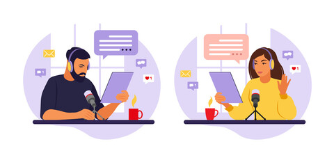 Podcaster talking to microphone recording podcast in studio. Radio host with table flat vector illustration.