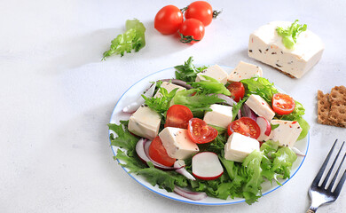 Vegetable salad with feta cheese, cherry tomatoes and fresh arugula, Healthy natural breakfast for dietary lifestyle, detox diet, Balanced food, no cholesterol and GMO,