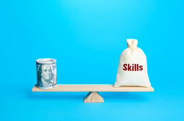 Bundle of dollars and a bag of skills on scales. Concept of education and investment in human...