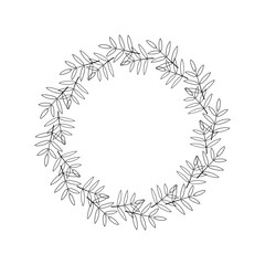 Simple wreath of twigs and leaves. Decorative border in a linear style. Elegant frame for logo, tags, scrapbooking, farmhouse decoration. Vector black illustration isolated on white background.