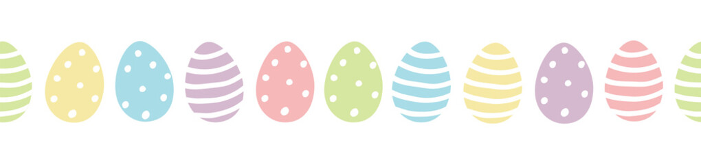 Easter egg seamless border vector with cute colourful painted easter eggs in pastel colors with dots and stripes isolated on white background. - 407068640